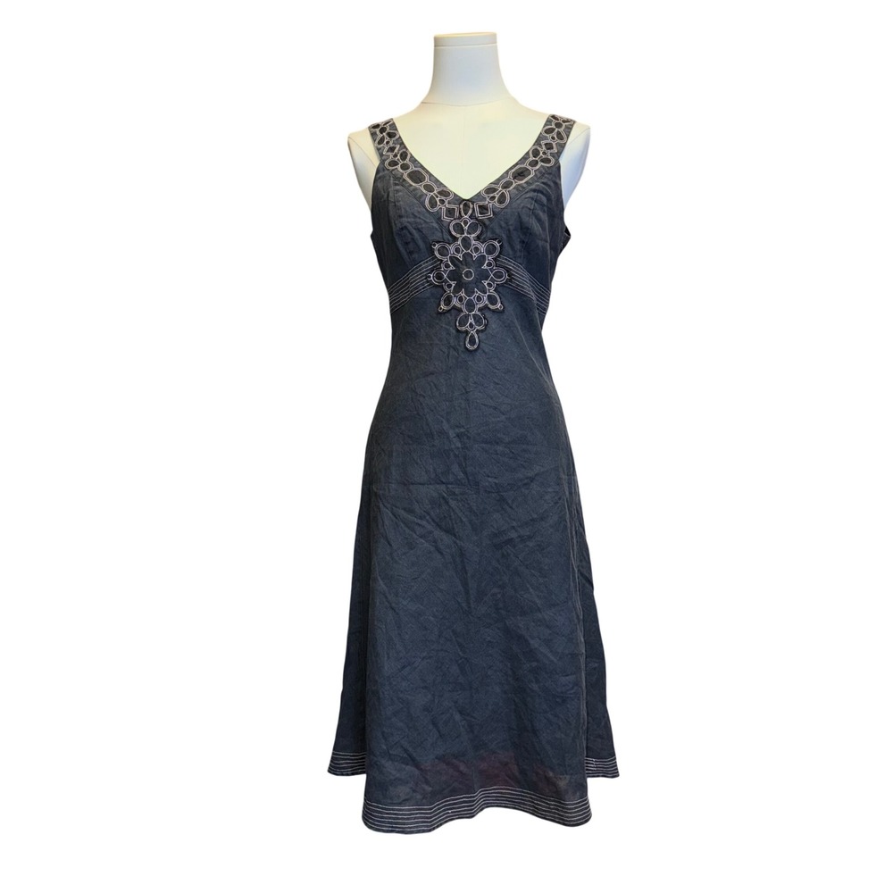 Vintage Derhy Paris Linen Midi Dress Embroidered Cutout Y2K Whimsigoth Grey S